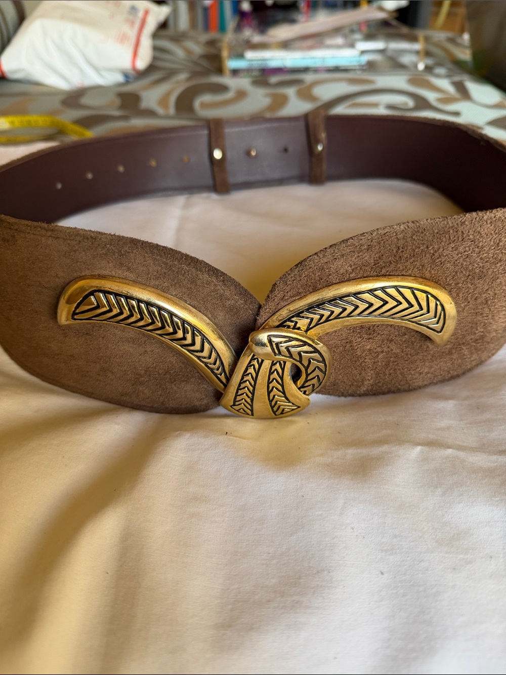 Brown Vintage Suede Women's Belt Gold Buckle